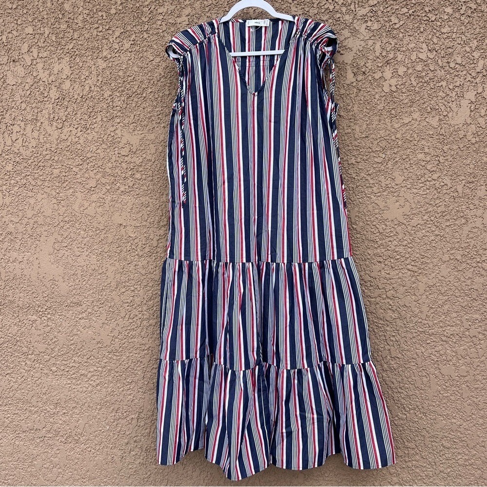 Mango Dress Women Sleeveless Ruffle 100% Cotton Red White Blue Striped Sz 2